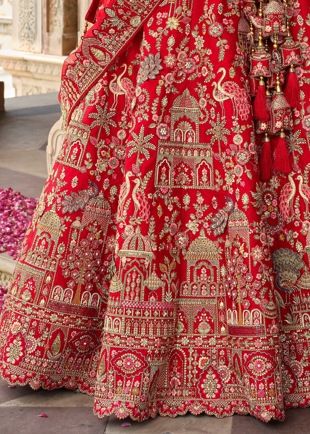 Bright Red Heavy Bridal Silk Lehenga With Khatli And Embroidery Work