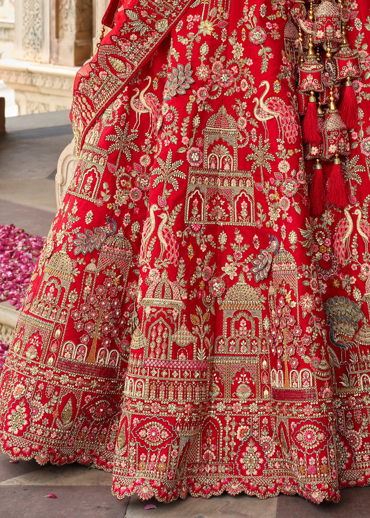 Bright Red Heavy Bridal Silk Lehenga With Khatli And Embroidery Work