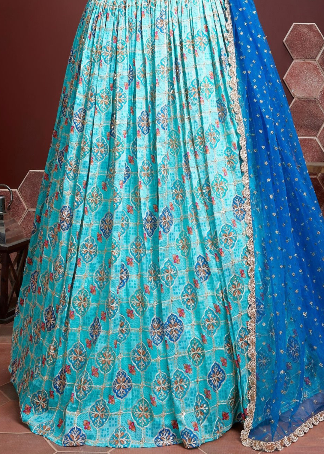 Shades Of Blue Floral Printed Chinon Silk Lehenga Choli with Embroidery & Mirror work