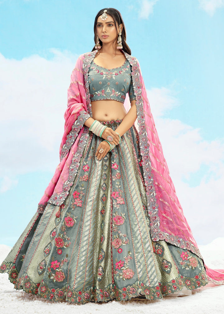 Grey and Pink Silk Lehenga With Cut Work Border