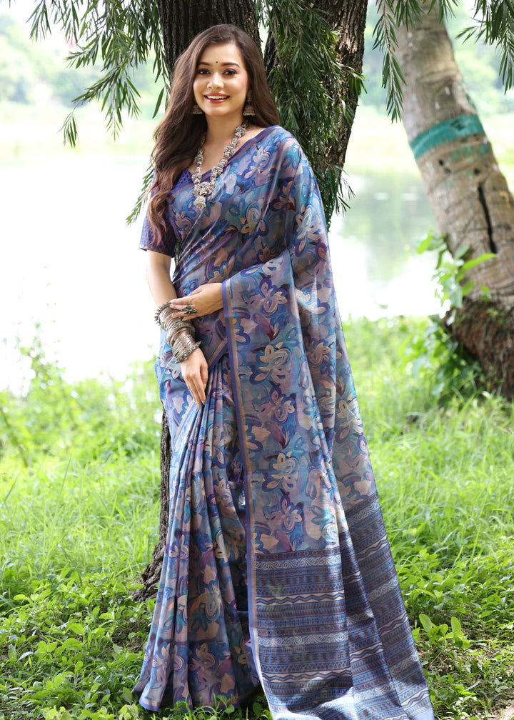 Blue Printed Cotton Silk Saree