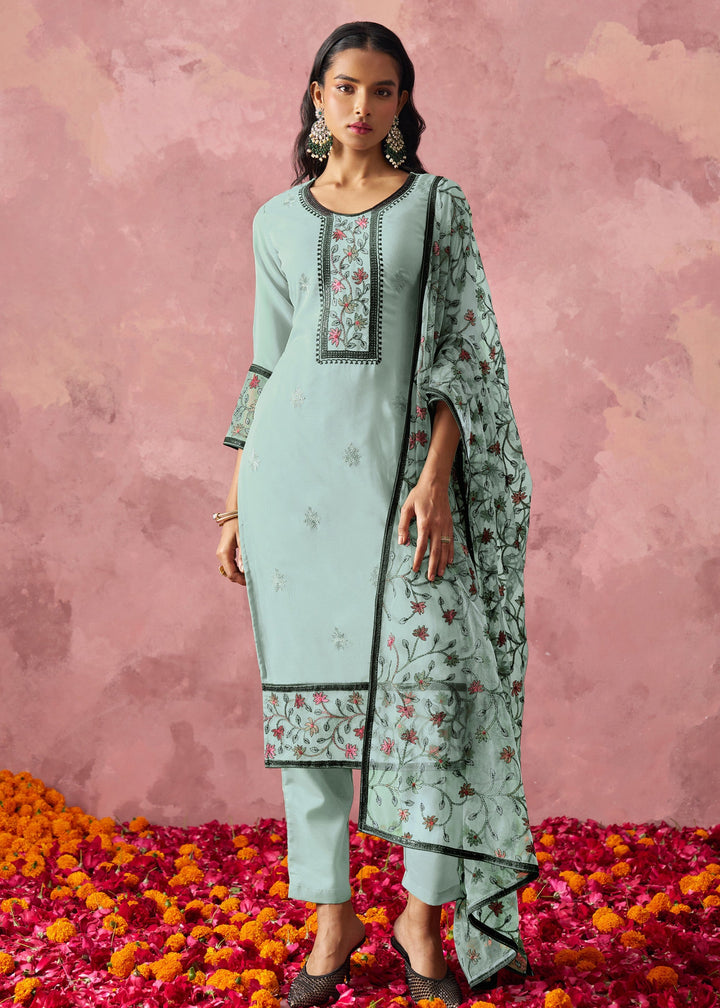 Aqua Blue Georgette Suit With Thread Embroidered Work