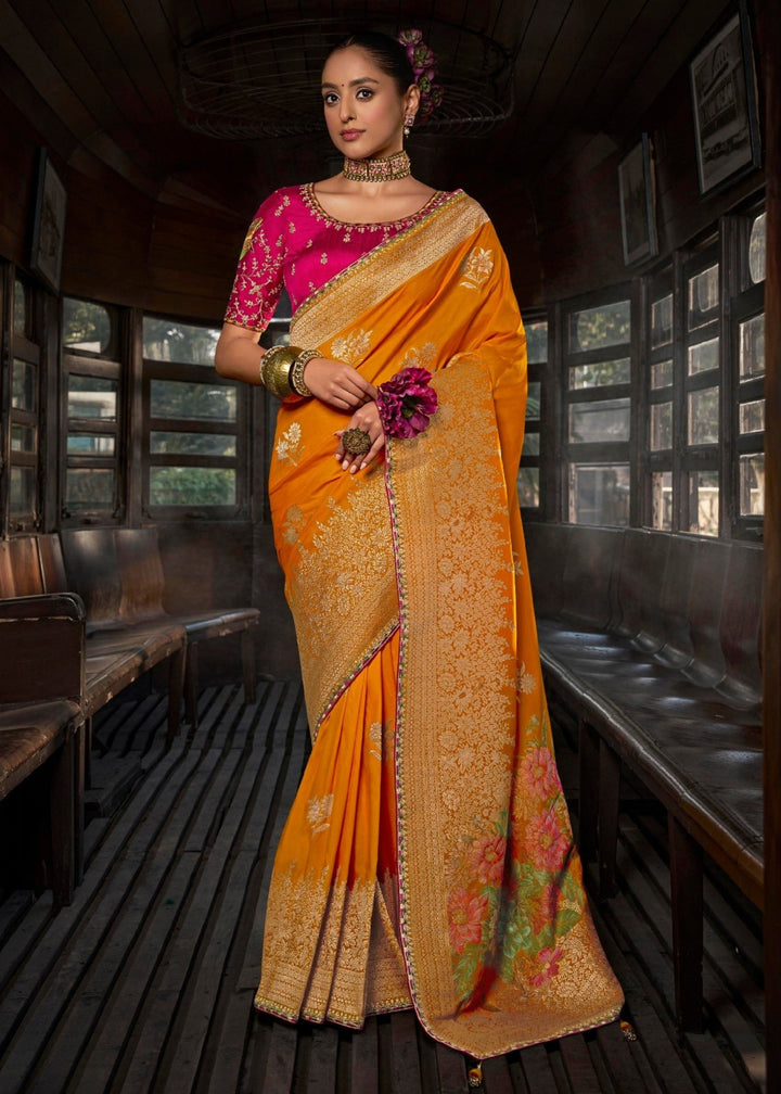 Orange Soft Dola Viscous Silk with 3d Weaved Pallu and contrast blouse Saree