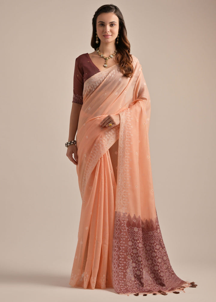 Peach Thread Butti Muga Cotton Saree