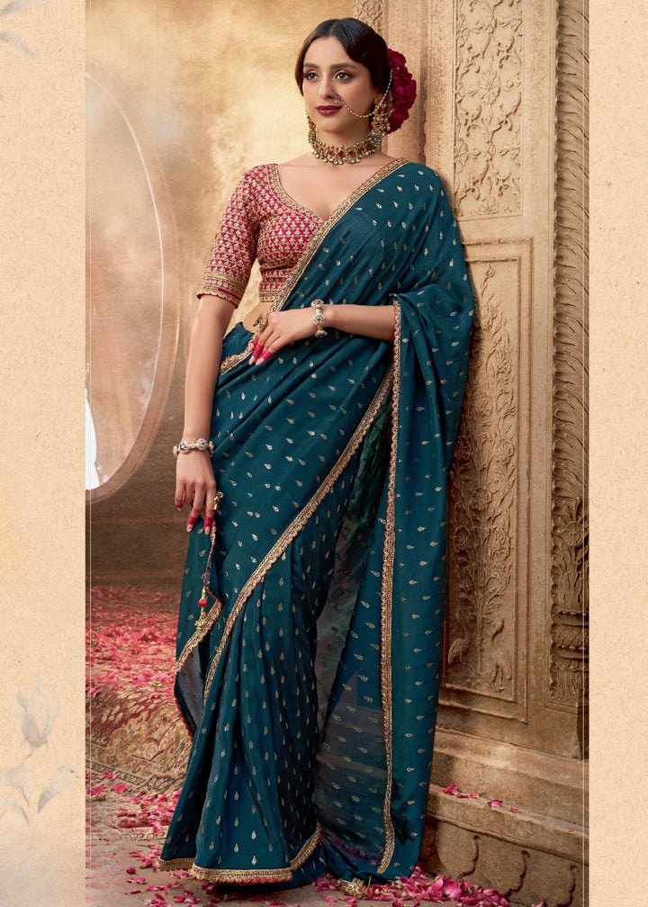 Teal Viscose Crepe Silk Saree