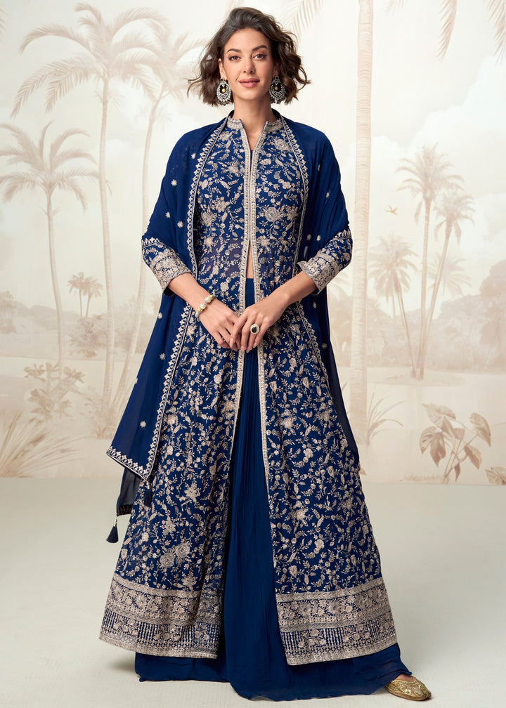 Navy Blue Georgette Anarkali Slit Cut Suit With Thread Embroidered Work