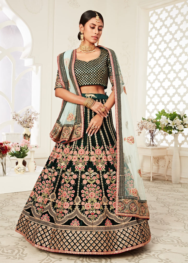 Green Velvet With Zari & Thread embroidery With Diamond Work Bridal Lehenga