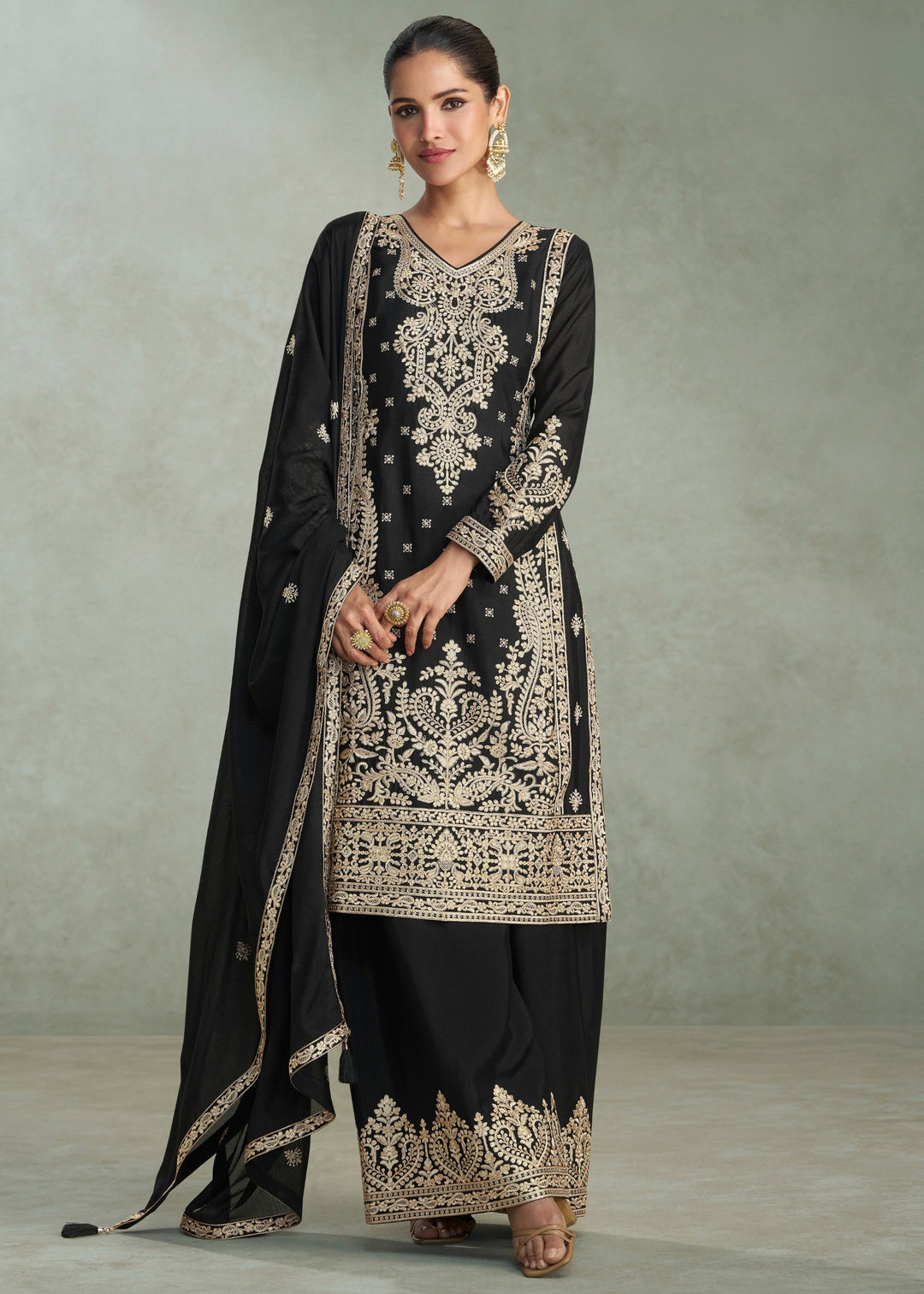 Jet Black Premium Chinon Silk Salwar Suit