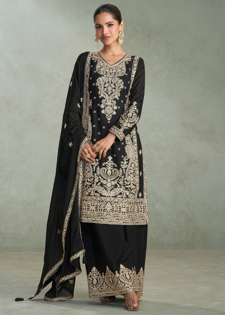 Jet Black Premium Chinon Silk Salwar Suit