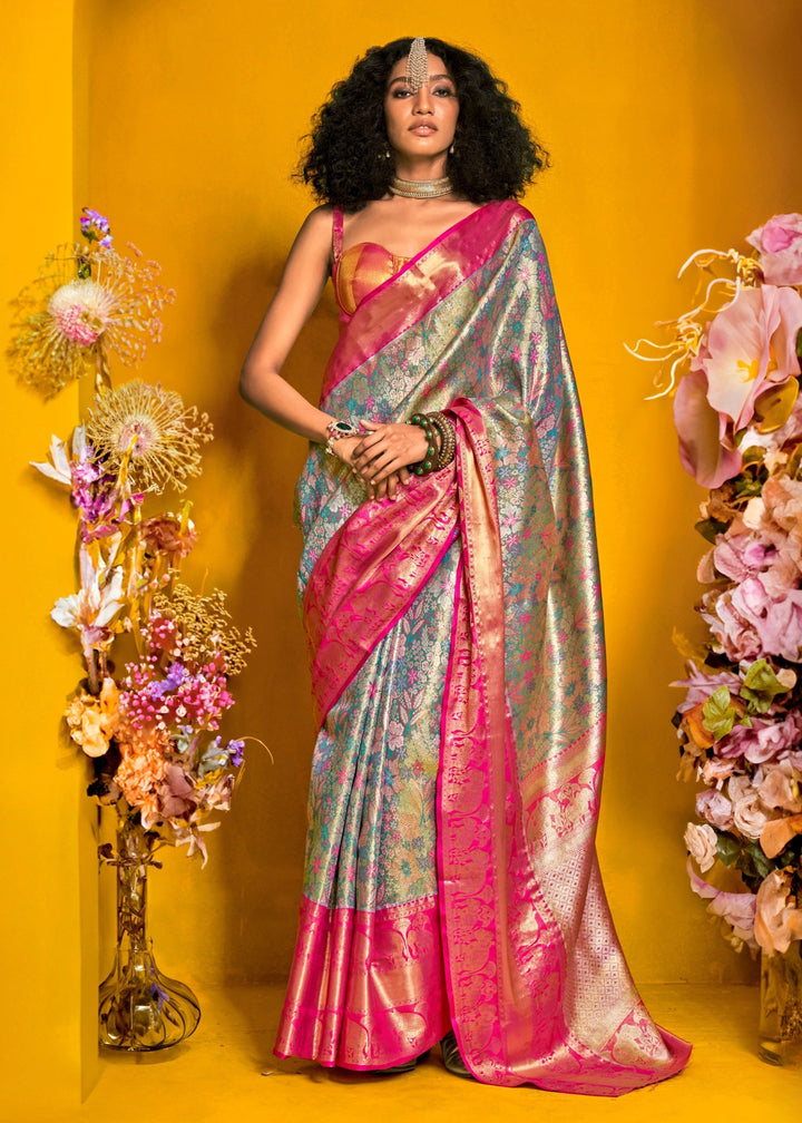 Pink And Blue Pure Dharamavaram Silk Saree