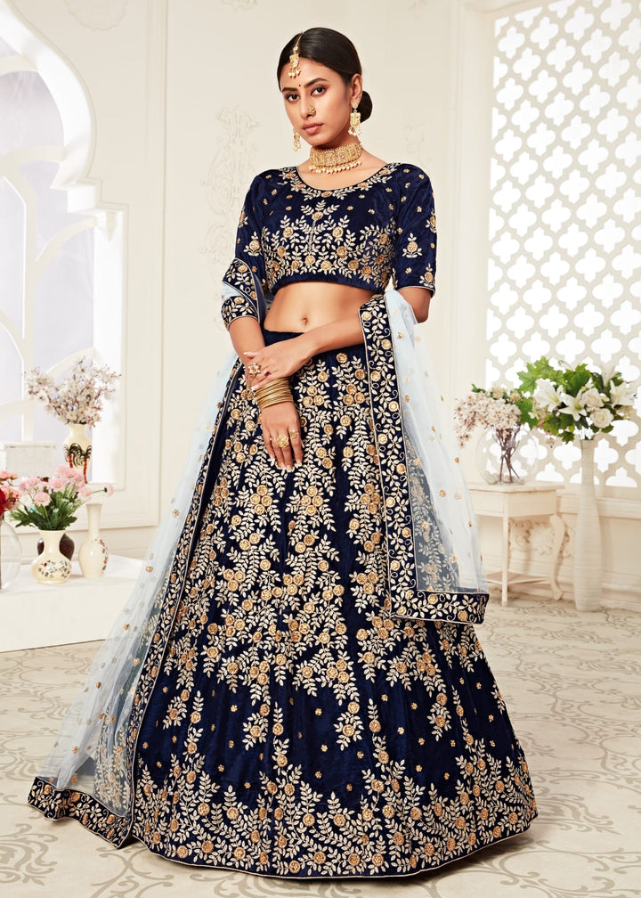 Navy Blue Velvet Lehenga With Zari & Thread embroidery With Diamond Work