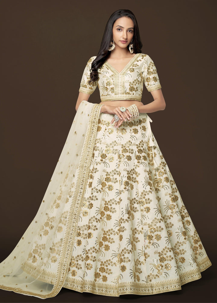 White Slub Silk Lehenga with Zari Sequins and Dori Embroidery Work