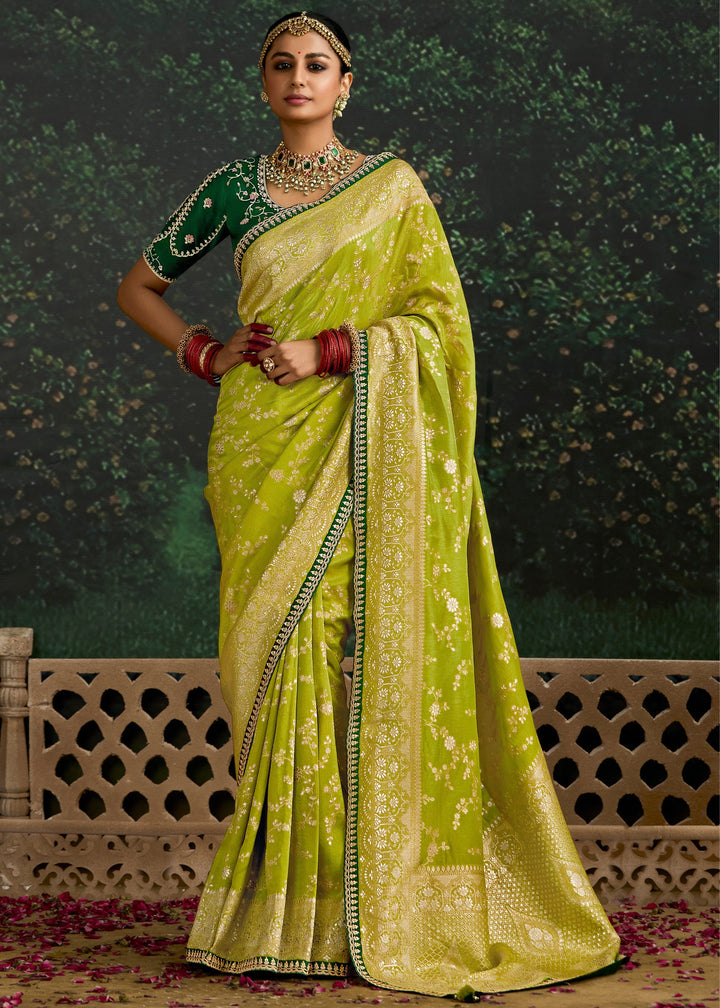 Lime-green and Dark-green Viscose silk Saree