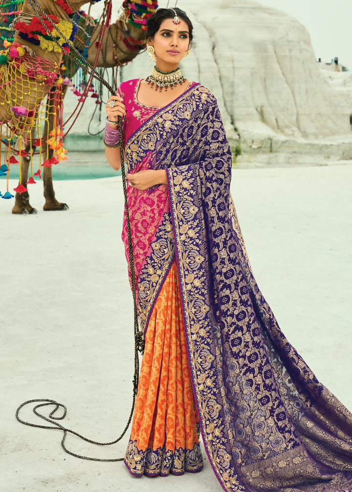 Orange & Blue Georgette Bandhej Saree