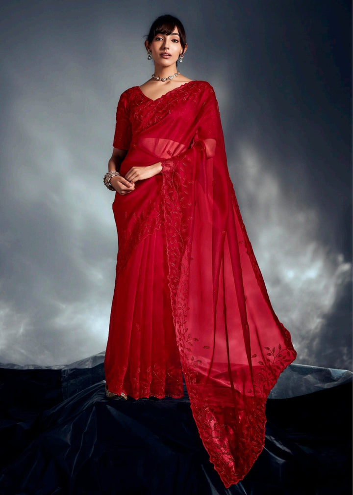 Red Pure Fancy Saree with Hand Worked Border
