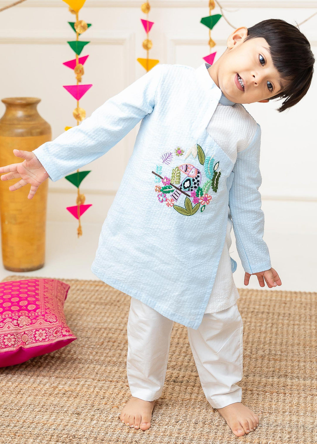 Organic Cotton Light Blue Angrakha Kurta with Pajama - Toucan