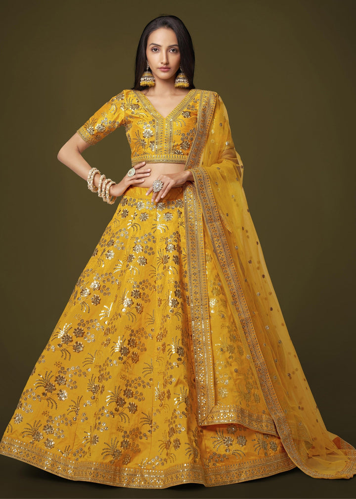 Yellow Slub Silk Lehenga with Zari Sequins and Dori Embroidery Work