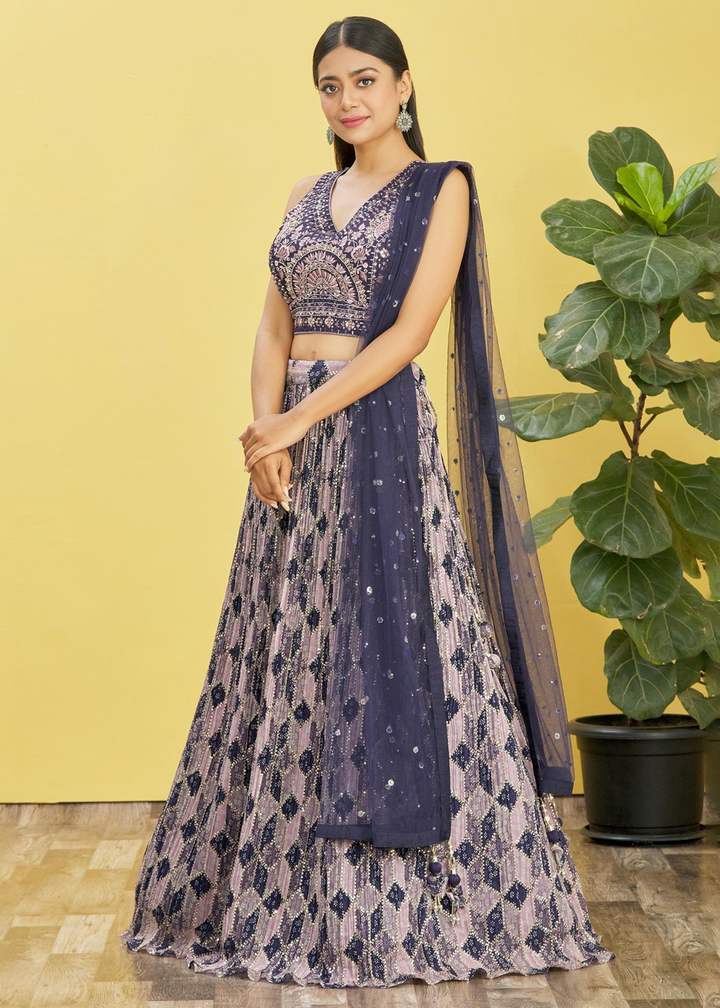 Shades Of Purple Digital Printed Chinnon Lehenga with Thread,Zari & Sequins Work