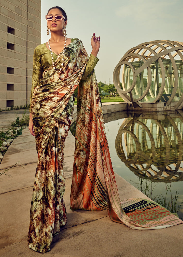 Green Satin Digital Printed Saree
