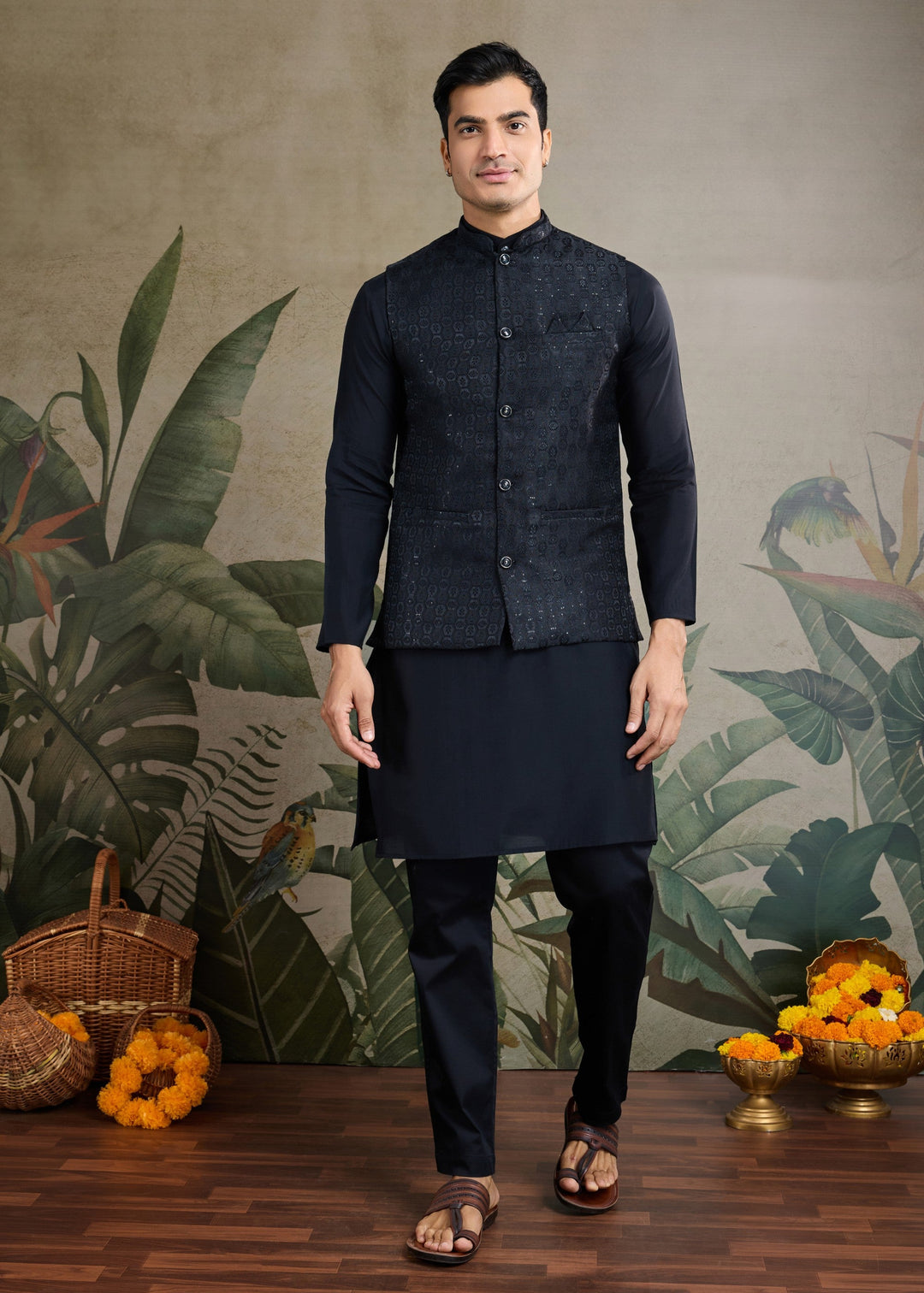 Black Mens Wear Koti Style with Kurta and Pajama