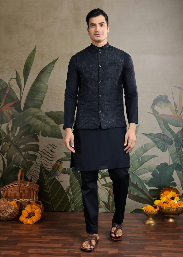 Black Mens Wear Koti Style with Kurta and Pajama