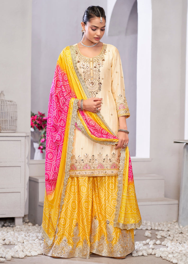 Yellow And Pink Chinon SIlk Plazo Suit With Embroidered Work