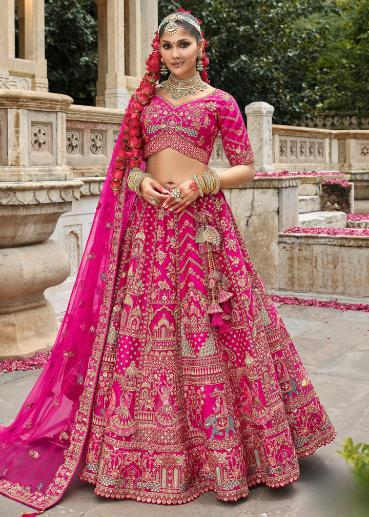Barbie Pink Heavy Bridal Silk Lehenga With Khatli And Embroidery Work