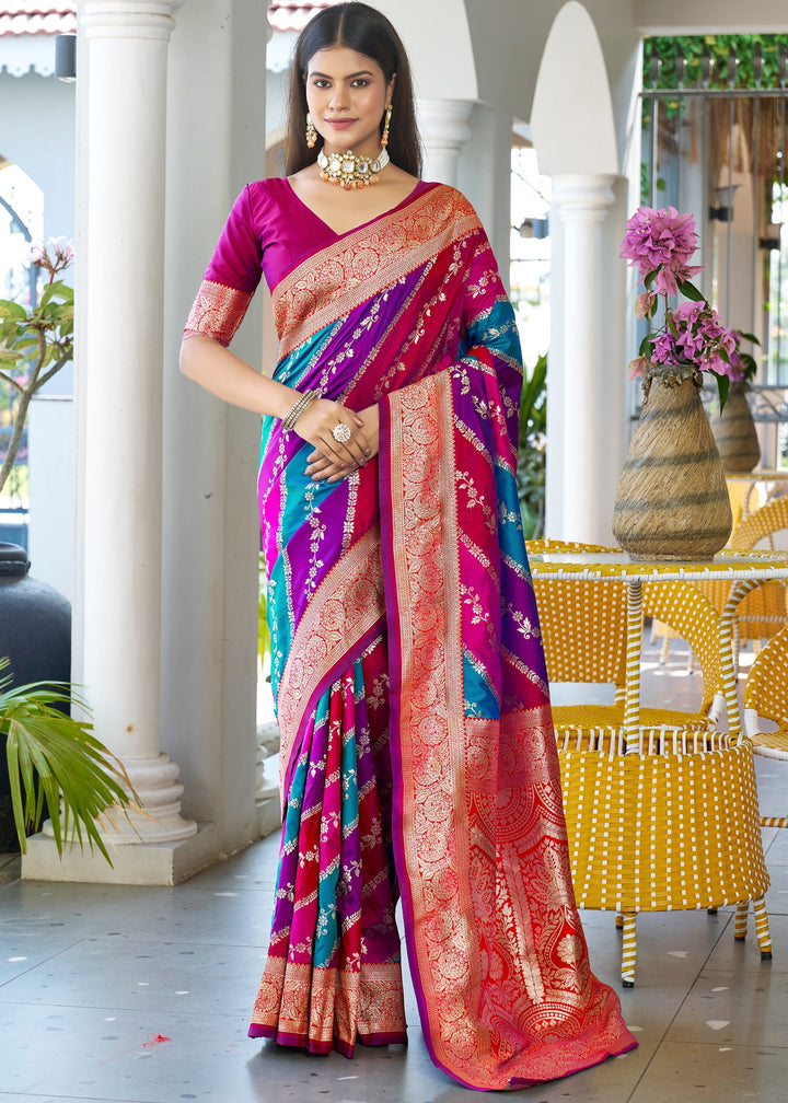 Pink Leriya Zari Woven Banarasi Silk Saree With Contrast Pallu