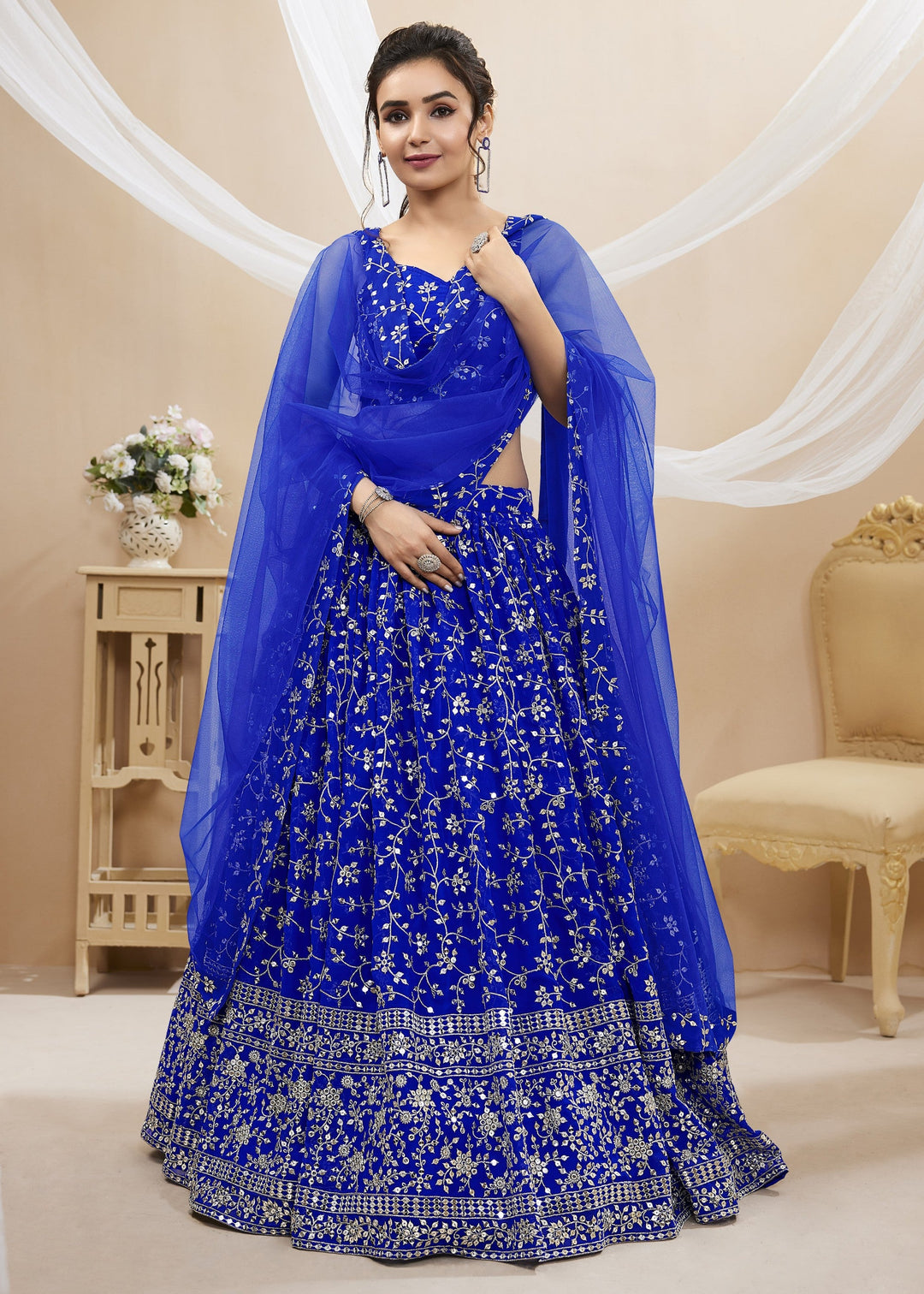 Cobalt Blue Georgette Lehenga Choli With Sequins Zari Embroidered Work