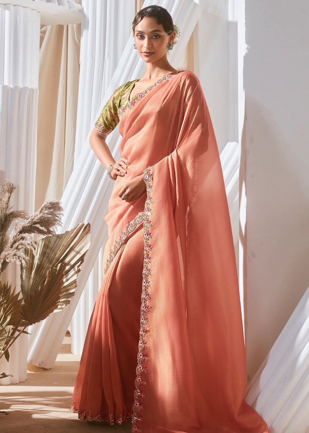 Salmon Orange Fancy Silk Saree With Printed Blouse