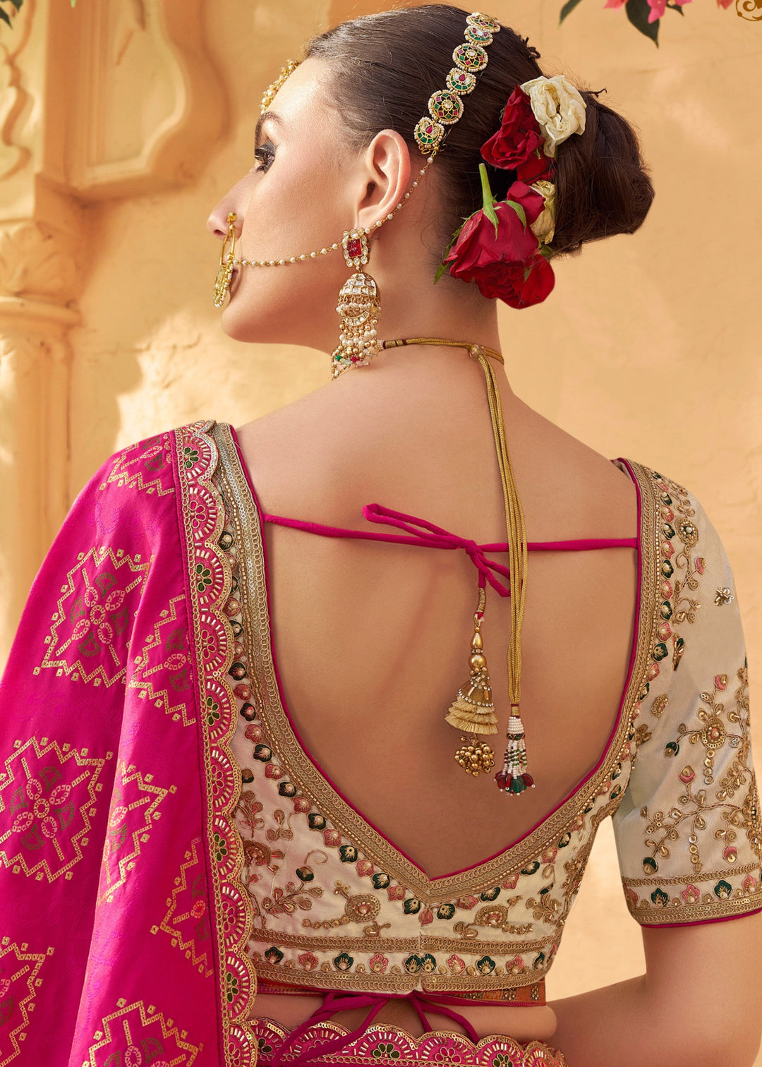 Off White & Pink Banarasi Silk Lehenga Choli With Zarkan And Cut Work