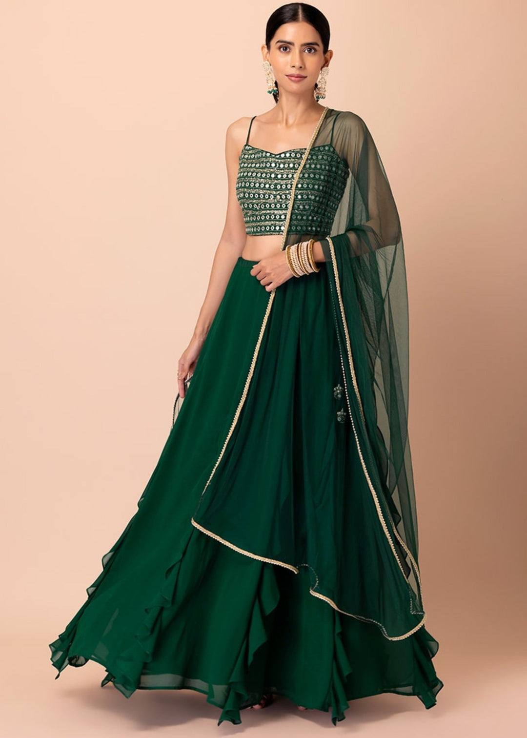 Dark Green Georgette Lehenga Choli With Sequins And Thread Embroidery Work