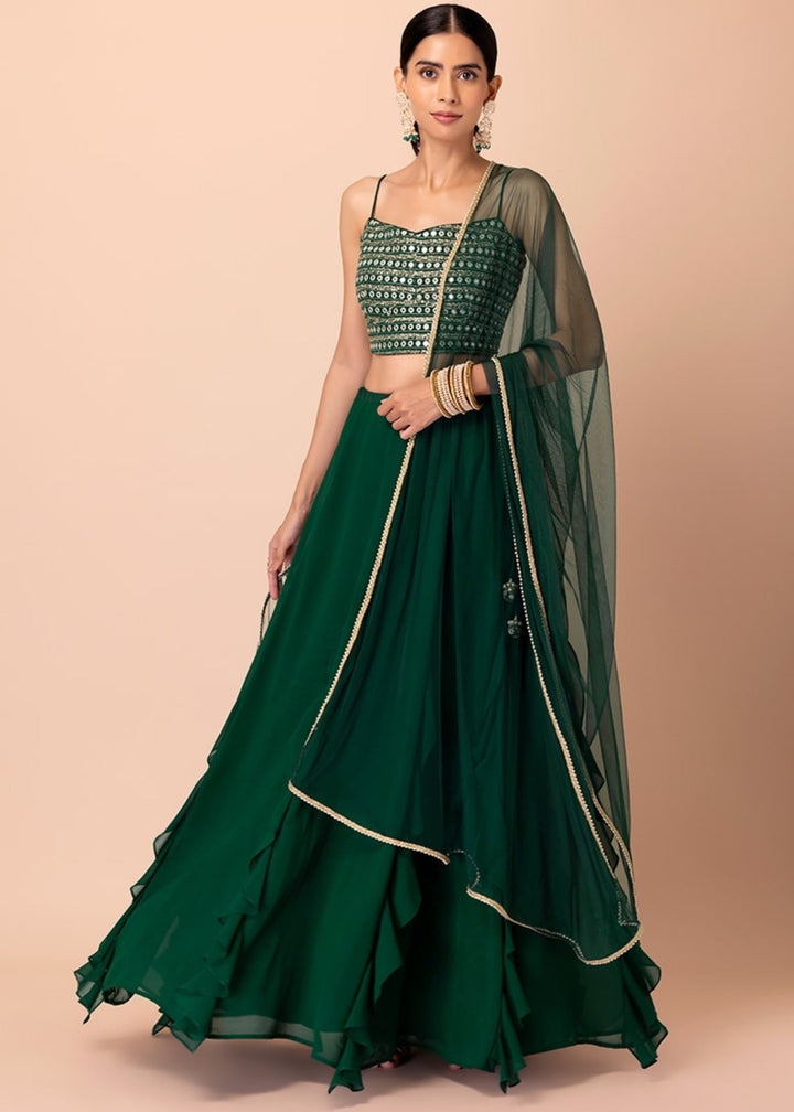 Dark Green Georgette Lehenga Choli With Sequins And Thread Embroidery Work