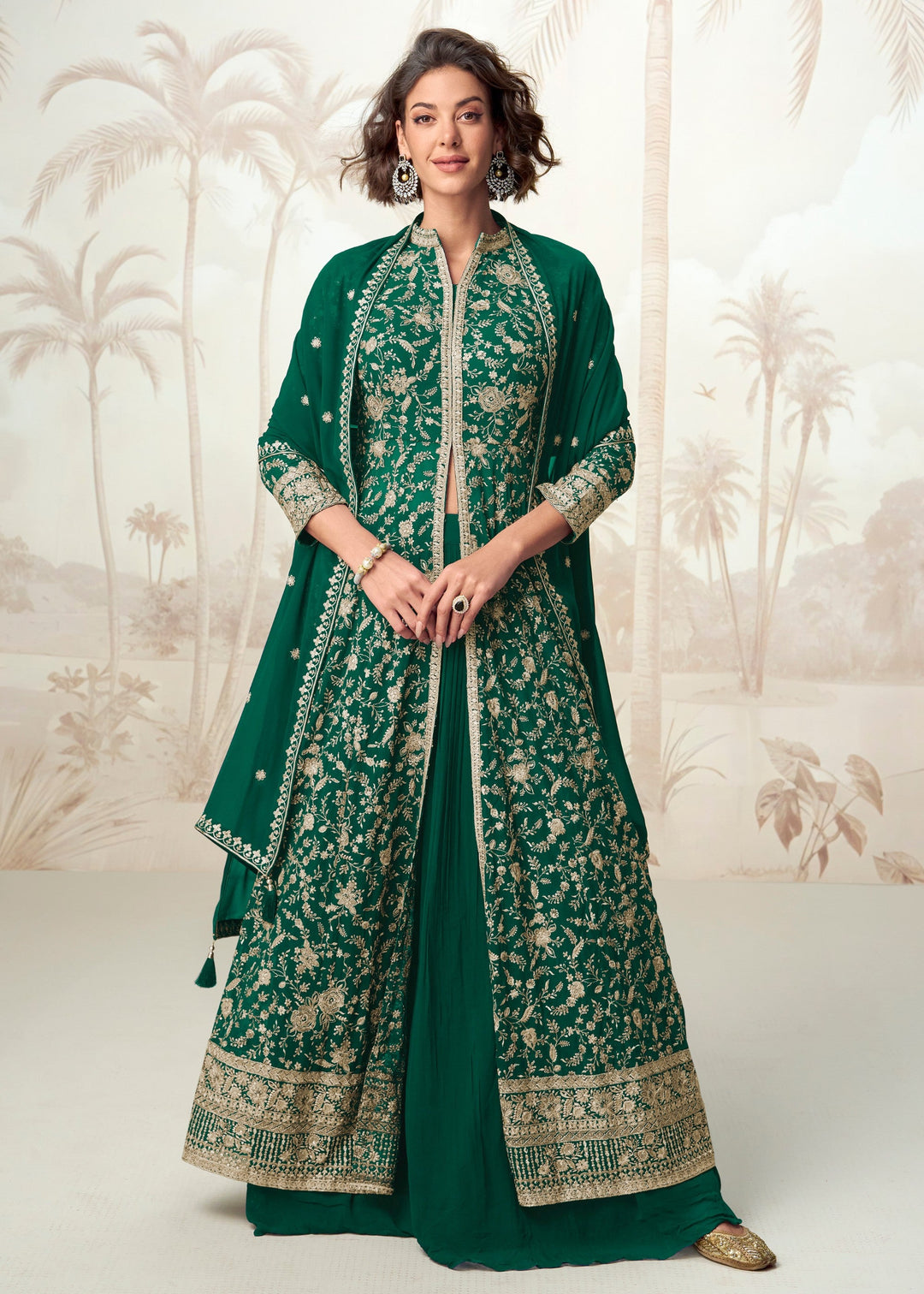 Hunter Green Georgette Anarkali Slit Cut Suit With Thread Embroidered Work