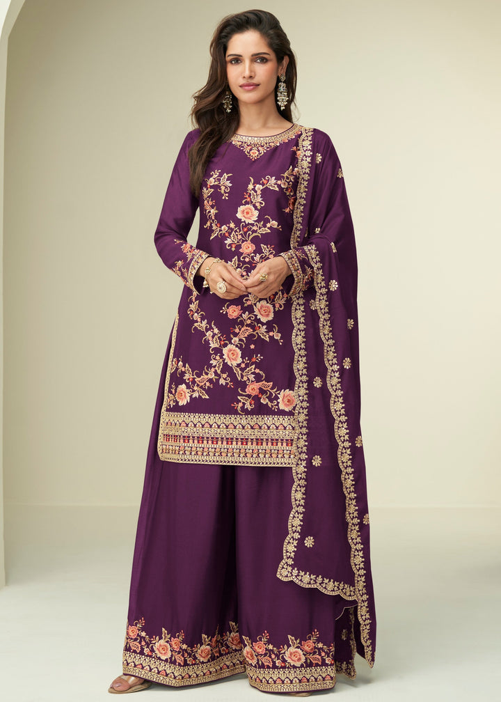 Eggplant Purple Chinon SIlk Plazo Suit
