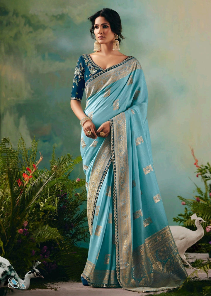 Sky Blue Pure Viscose Dola Silk Saree with Zari Weaving & Embroidered Blouse