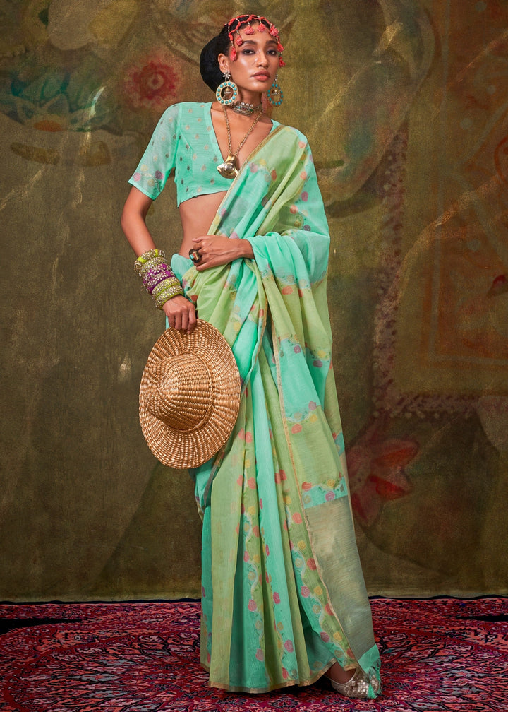 Aqua Blue And Green Cotton Silk Saree With Rangkaat Handloom Weaving