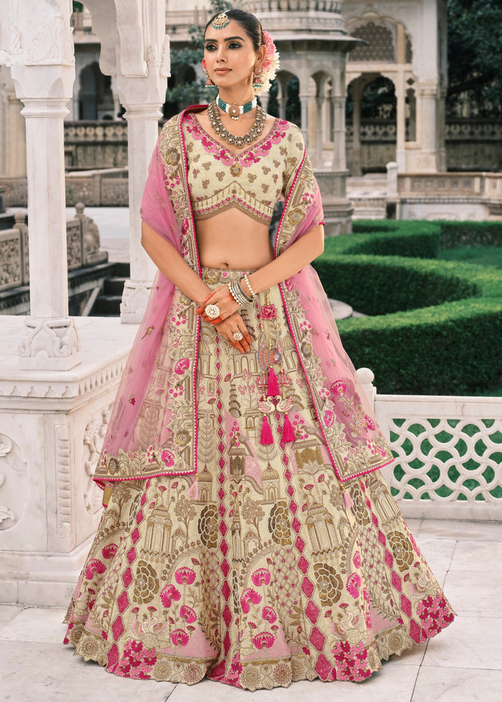 Off-White Fancy Silk Lehenga Choli With Cut Work Embroidery Border & Stone Work
