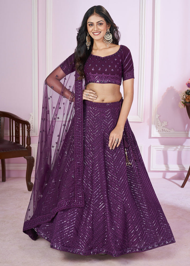 Dark Purple Georgette Lehenga Choli With Sequins And Thread Embroidery Work
