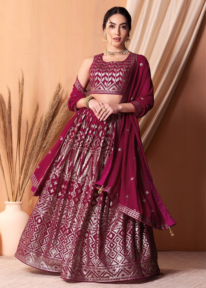 Ruby Pink Georgette Lehenga Choli With Sequins And Thread Embroidery Work