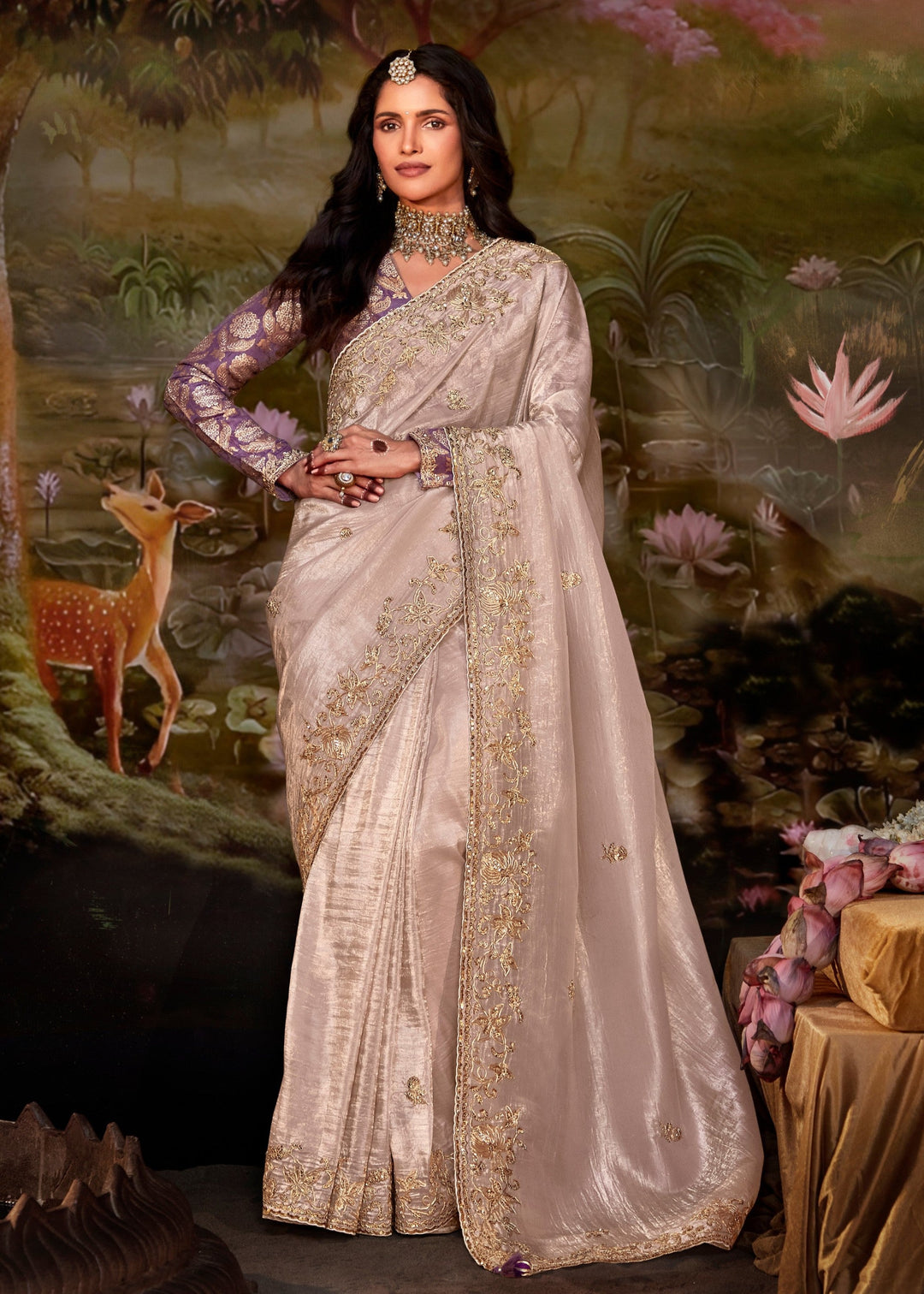 Purple And Cream Cotton Silk Saree