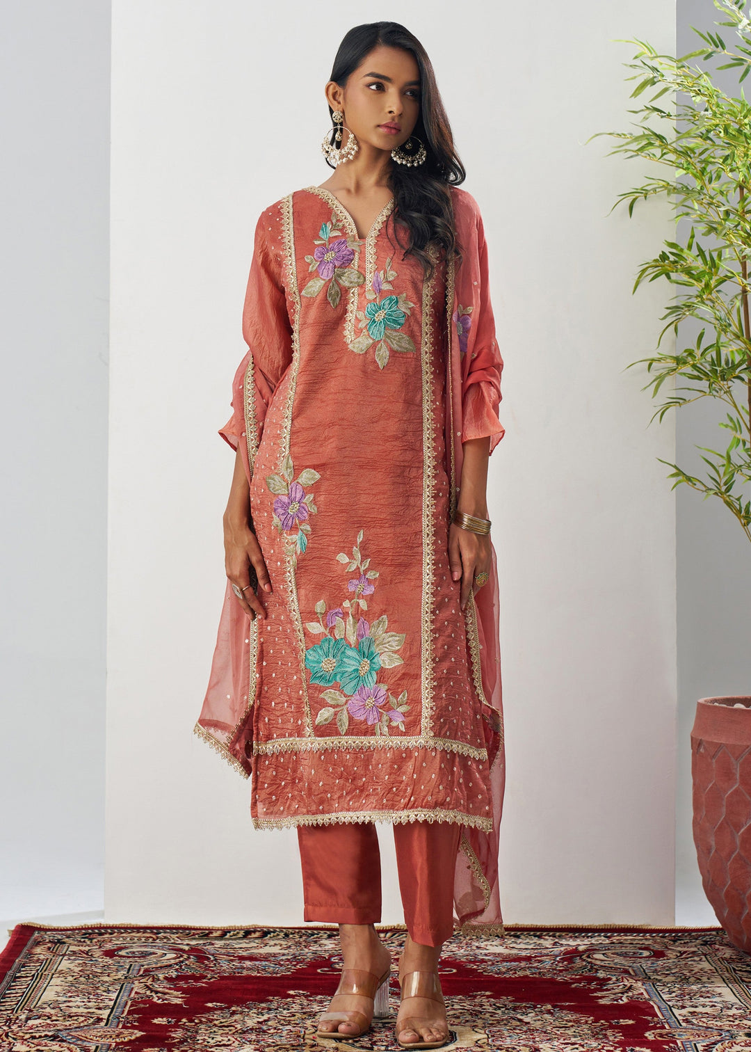 Vermillion Orange Silk Pant Suit With Chiffon Dupatta