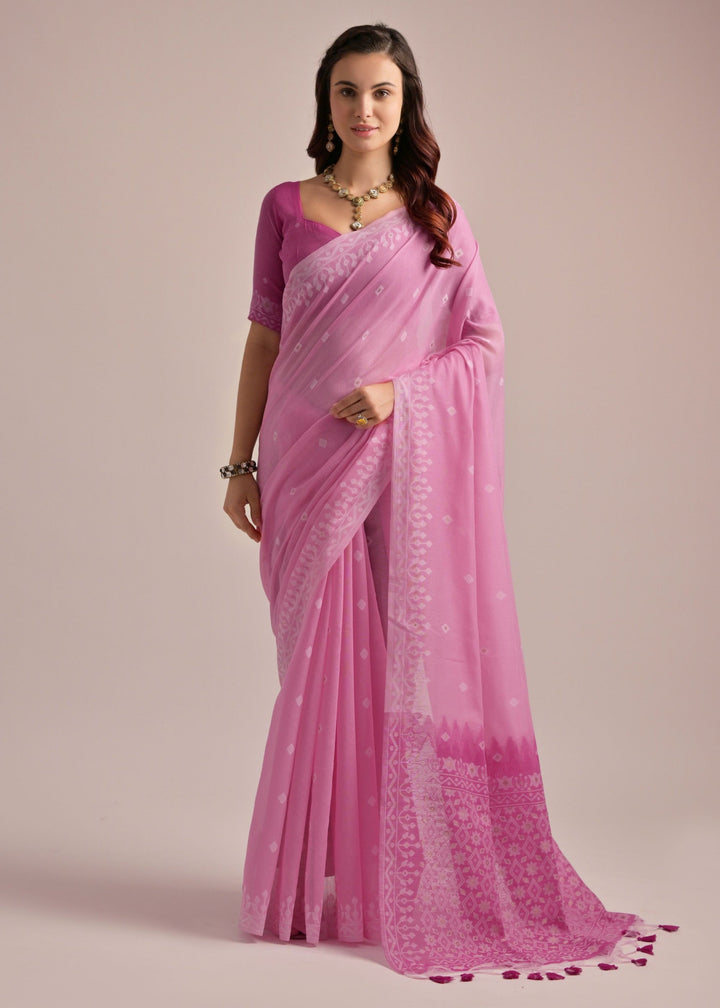 Pink Thread Butti Lakhnawi Weaves Muga Cotton Saree With Contrast Pallu