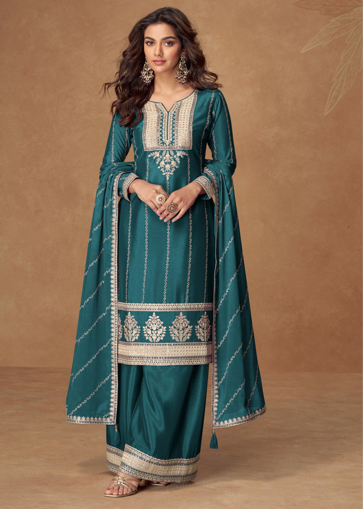 Teal Green Premium Chinnon Silk Salwar Suit