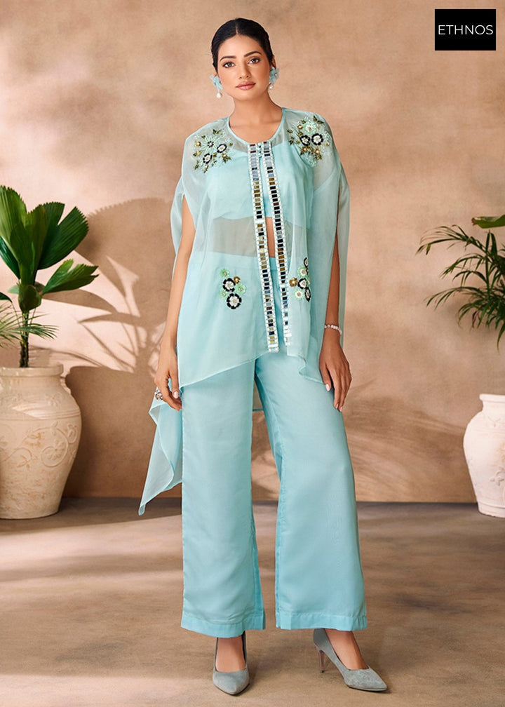 Aqua Blue Organza Handwork Co-ord Set
