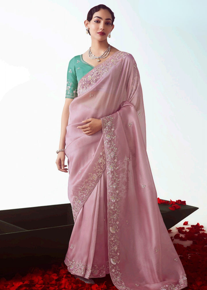 Crepe Pink Fancy Fabric Silk Saree With Hand Embroidered Work And Cut Work Border