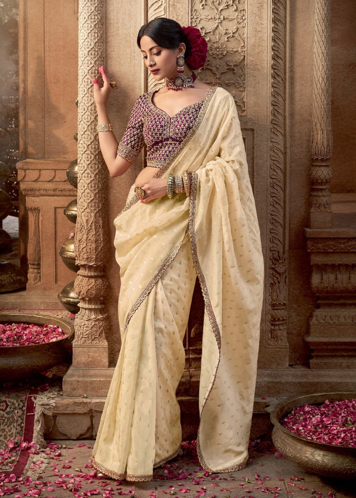 Cream Viscose Crepe Silk Saree