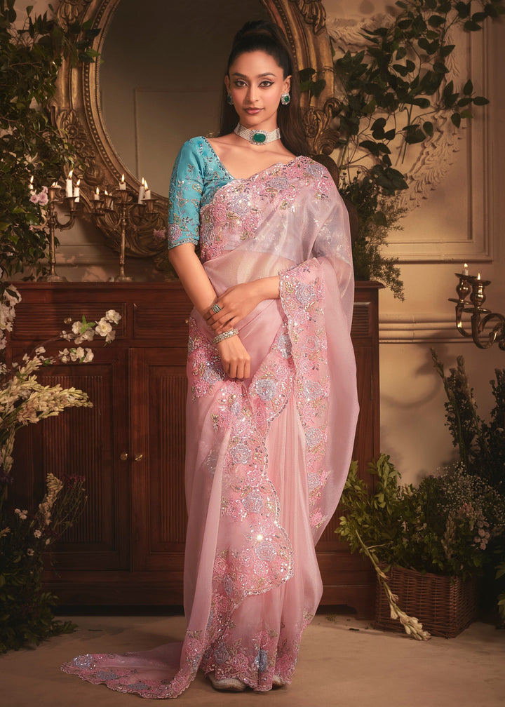 Baby Pink Tissue Organza Silk Saree