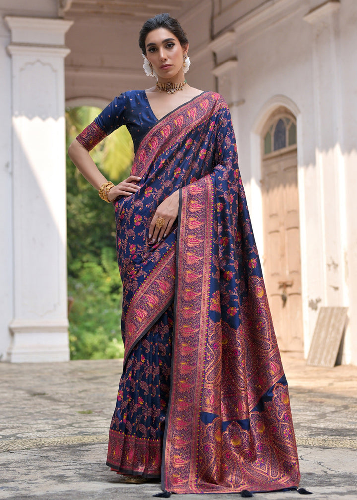 Navy Blue Thread Woven Jal & Flower Silk Saree With Thread Woven Pallu