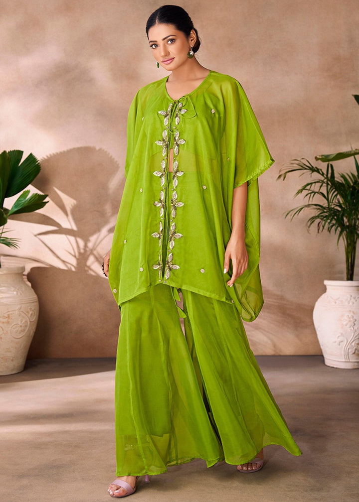 Parrot Green Organza Handwork Co-ord Set